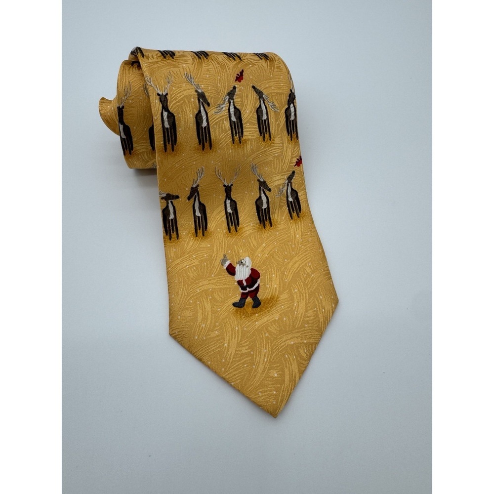 J.Z. Richards Silk Tie Christmas Reindeer Santa Gold Holiday Novelty Necktie USA